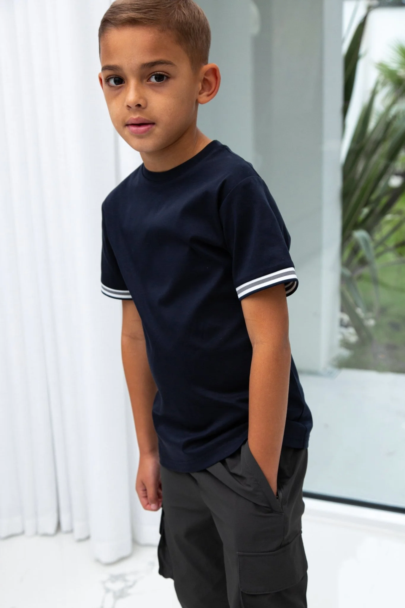 Boys Ribbed Cuff Navy T Shirt