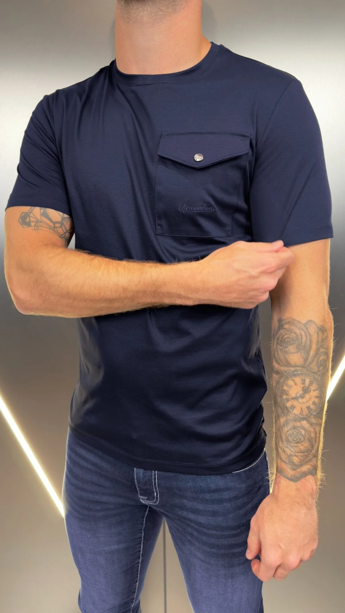 Luxury Mercerised Pocket Logo T-Shirt - Navy - Image 3