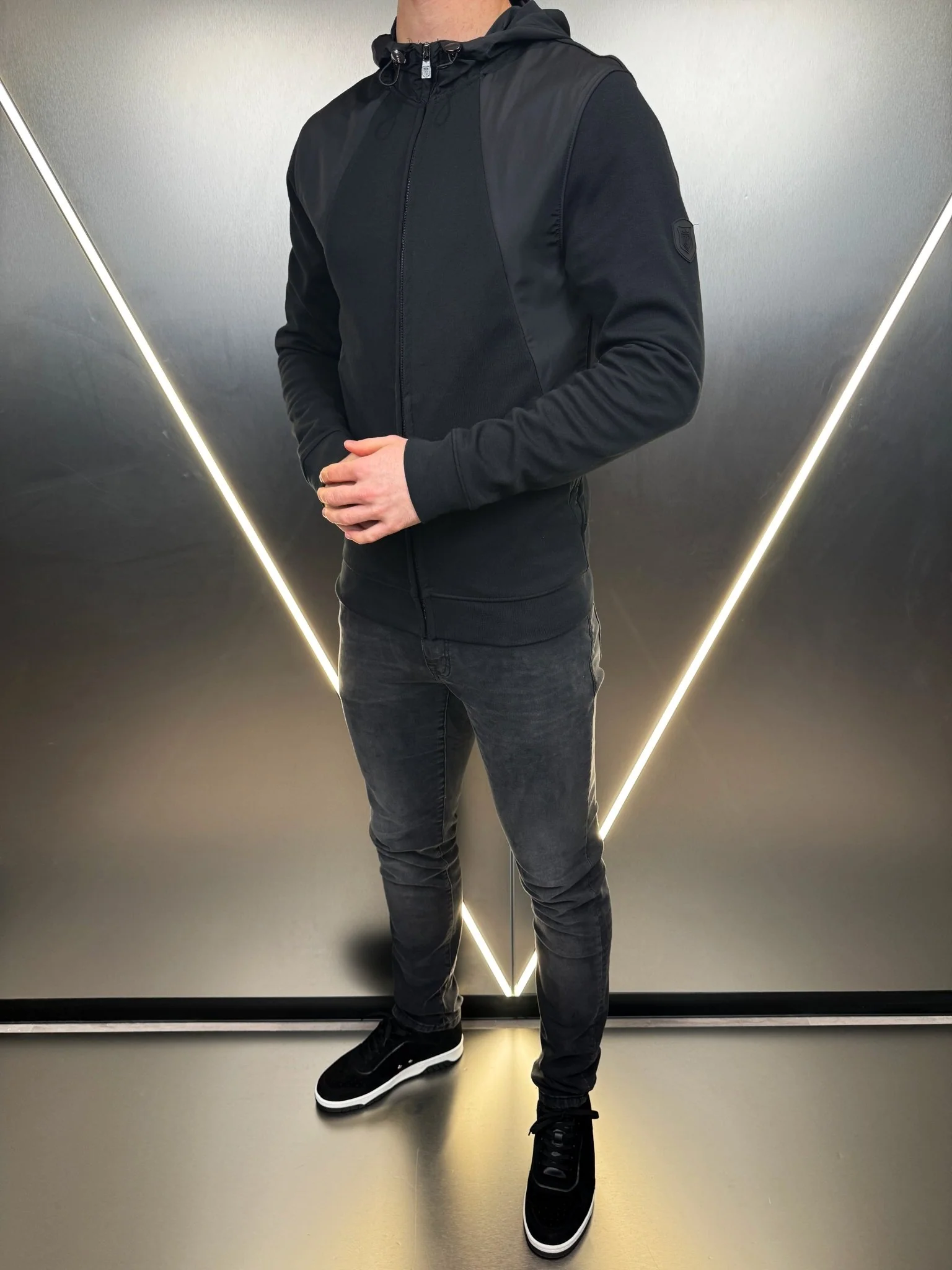 Zip Through Nylon Panel Jacket - Black